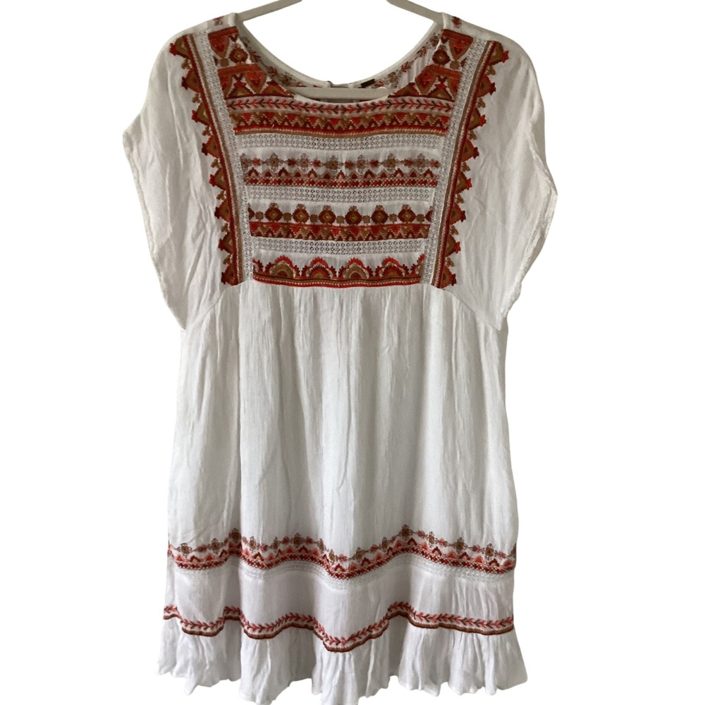 Free‎ People White Embroidered Mini Dress XS Boho Festival Lace Trim Flounce Hem